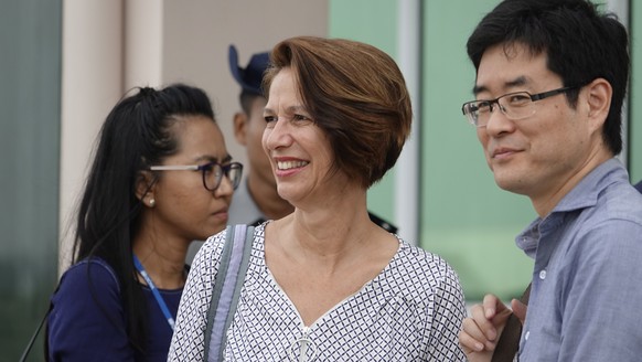 epa06817692 Christine Schraner Burgener (C), the United Nations (UN) Special Envoy for Myanmar, arrives at Sittwe airport while on her way to Maungdaw township at the Bangladesh-Myanmar border region, ...