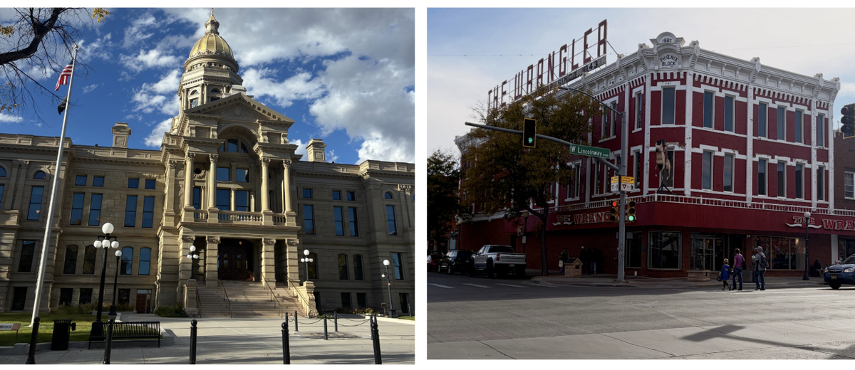 A gauche, The Wyoming State Capitol qui abrite le parlement et le gouvernement de l’Etat. A droite, la célèbre boutique de santiags et de Stetson, au cœur de Cheyenne.