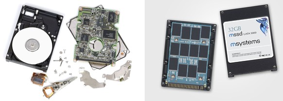 Ein herkömmliches Festplattenlaufwerk (links) und eine SSD.