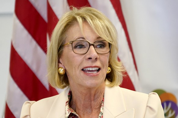 FILE - In this Oct. 15, 2020, file photo, Secretary of Education Betsy DeVos speaks at the Phoenix International Academy in Phoenix. (AP Photo/Matt York, File)