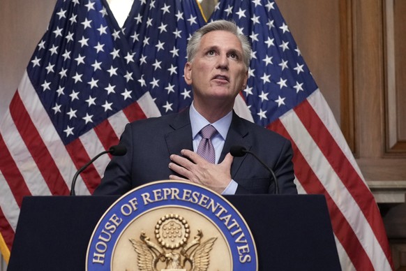 FILE - Rep. Kevin McCarthy, R-Calif., speaks to reporters hours after he was ousted as Speaker of the House, Tuesday, Oct. 3, 2023, at the Capitol in Washington. California Democratic Gov. Gavin Newso ...