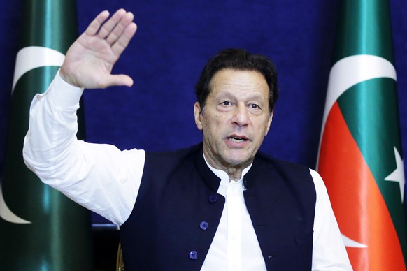 epa10529521 Former Prime Minister and head of opposition party Pakistan Tehrik-e-Insaf, Imran Khan, speaks during an interview at his residence in Lahore, Pakistan, 17 March 2023 (issued 18 March 2023 ...