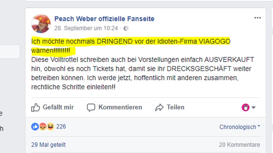 Komiker Peach Weber warnt vor Viagogo.