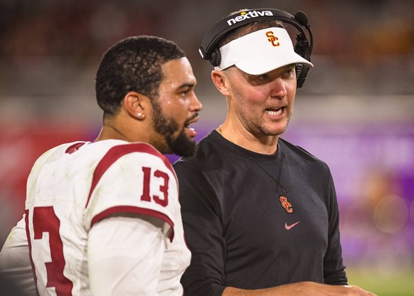 NCAA, College League, USA Football: Southern California at Arizona State Southern California Trojans quarterback Caleb Williams 13 talks with head coach Lincoln Riley in the fourth quarter of an NCAA  ...