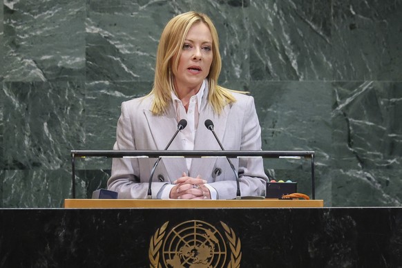 epa12403507 Italian Prime Minister Giorgia Meloni speaks during the General Debate of the 80th session of the United Nations General Assembly (UNGA) at the United Nations headquarters in New York, USA ...
