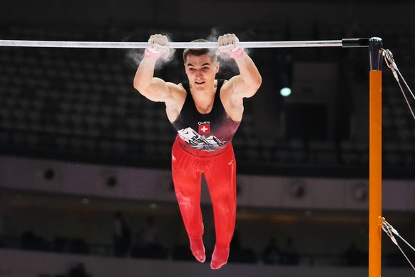 Florian Langenegger of Switzerland competes on the horizontal bar during the 53rd Artistic Gymnastics World Championships in Jakarta, Indonesia, Sunday, Oct. 19, 2025. (AP Photo/Dita Alangkara)
Indone ...