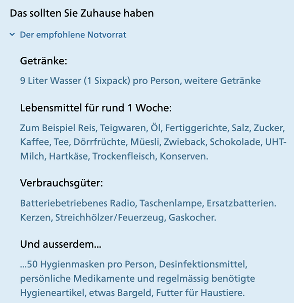 Vom Bund empfohlener Notvorrat