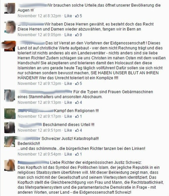 Kommentare zum Kopftuch-Gerichtsurteil in St.Margrethen auf der Facebook-Wall von Lukas Reimann.