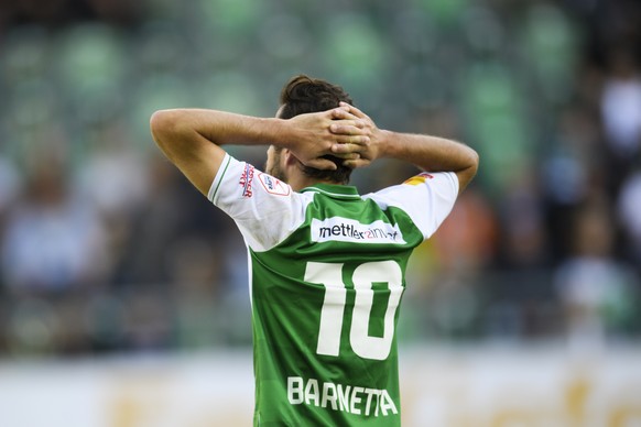 Ein enttaeuschter Tranquillo Barnetta von St. Gallen, im Fussball Super League Spiel zwischen dem FC St. Gallen und dem FC Thun, am Sonntag, 26. August 2018, im Kybunpark in St. Gallen. (KEYSTONE/Gian ...