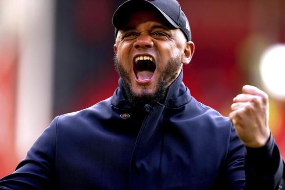Burnley manager Vincent Kompany celebrates at the end of the English Premier League soccer match between Burnley FC and Sheffield United at Bramall Lane, Sheffield, England, Saturday April 20, 2024. ( ...