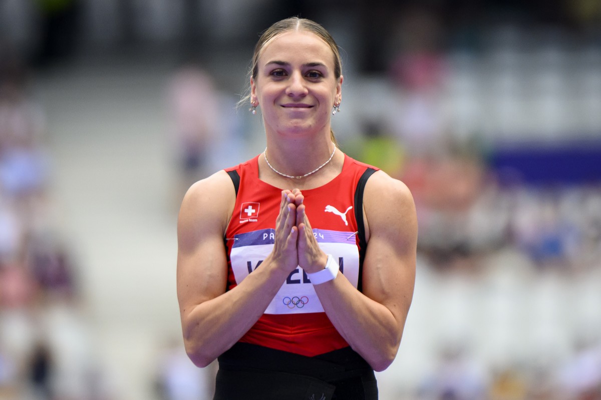 Annik Kaelin of Switzerland reacts during the women's heptathlon javelin at the 2024 Paris Summer Olympics in Paris, France, Friday, August 9, 2024. (KEYSTONE/Laurent Gillieron)
