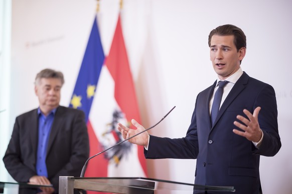 epa08558722 Austrian Chancellor Sebastian Kurz (R) speaks during a press conference next to Austrian Vice-Chancellor Werner Kogler, Austrian Interior Minister Karl Nehammer and Austrian Minister for S ...