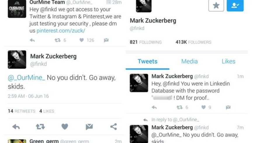 Dieser Screenshot soll den erfolgreichen Hacker-Angriff auf Mark Zuckerbergs Twitter-Profil dokumentieren.