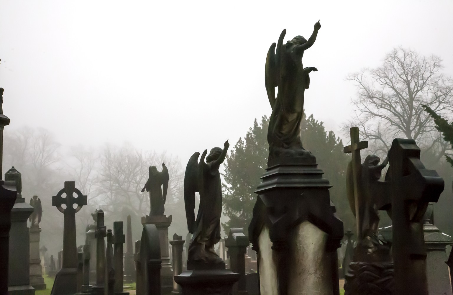 Friedhof mit Engelsstatuen im Nebel