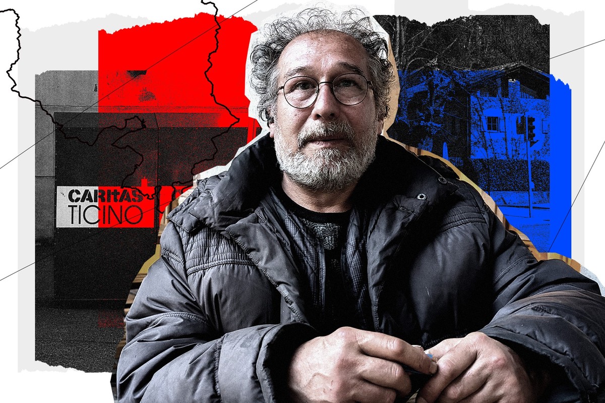 Mann mit Brille sitzt vor einem Hintergrund aus zwei Bildern. Eines von einem Restaurant im Tessin und das andere von einem Caritascontainer. Darüber sind die Farben des Tessins, rot und blau geblende ...