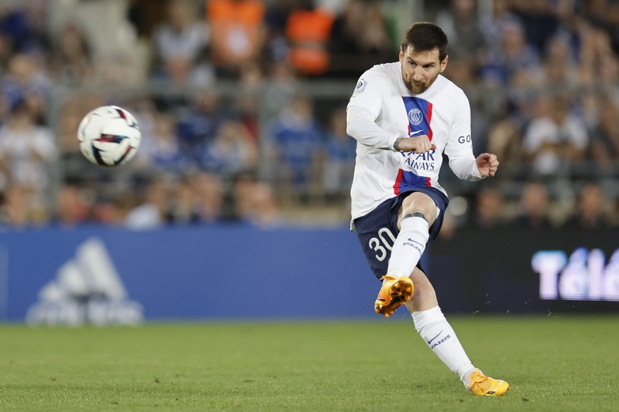 PSG&#039;s Lionel Messi kicks the ball during the French League One soccer match between Strasbourg and Paris Saint Germain at Stade de la Meinau stadium in Strasbourg, eastern France, Saturday, May 2 ...