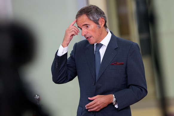 epa09464226 Director General of the International Atomic Energy Agency (IAEA) Rafael Mariano Grossi addresses the media after his arrival from Teheran, Iran, at the VIP Terminal of the Vienna Internat ...