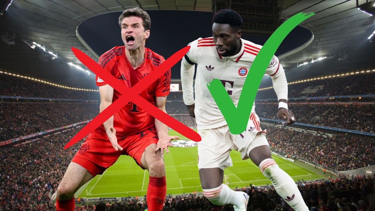 Thomas Müller (à gauche) ne peut pas porter le maillot rouge du Bayern en Ligue des champions, contrairement à celui crème d'Alphonso Davies (à droite).