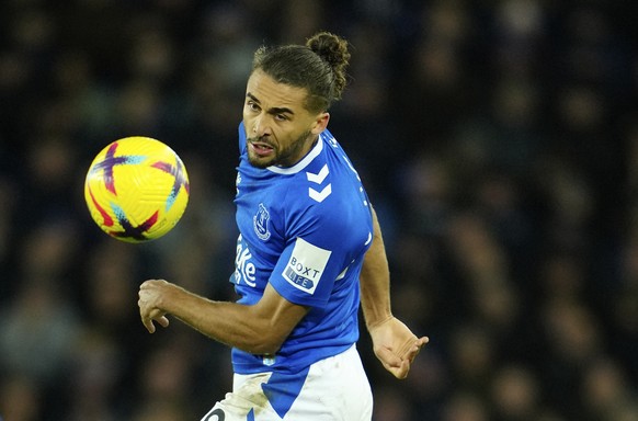 Everton&#039;s Dominic Calvert-Lewin heads the ball during the English Premier League soccer match between Everton and Southampton at Goodison Park in Liverpool, England, Saturday, Jan. 14, 2023. (AP  ...