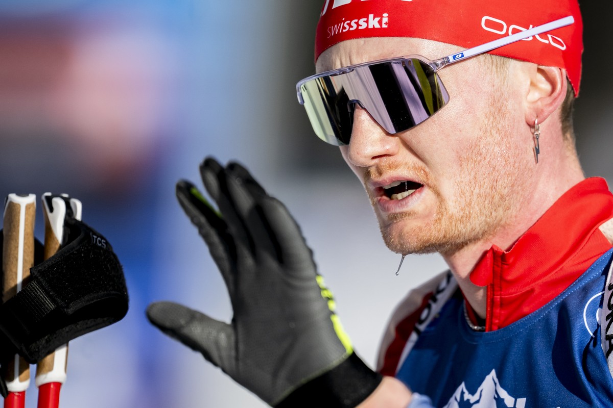 Sebastian Stalder of Switzerland reacts at the finish line during the men?s 12.5k pursuit race at the IBU Biathlon World Championships, on Sunday, February 16, 2025, in Lenzerheide, Switzerland. (KEYS ...