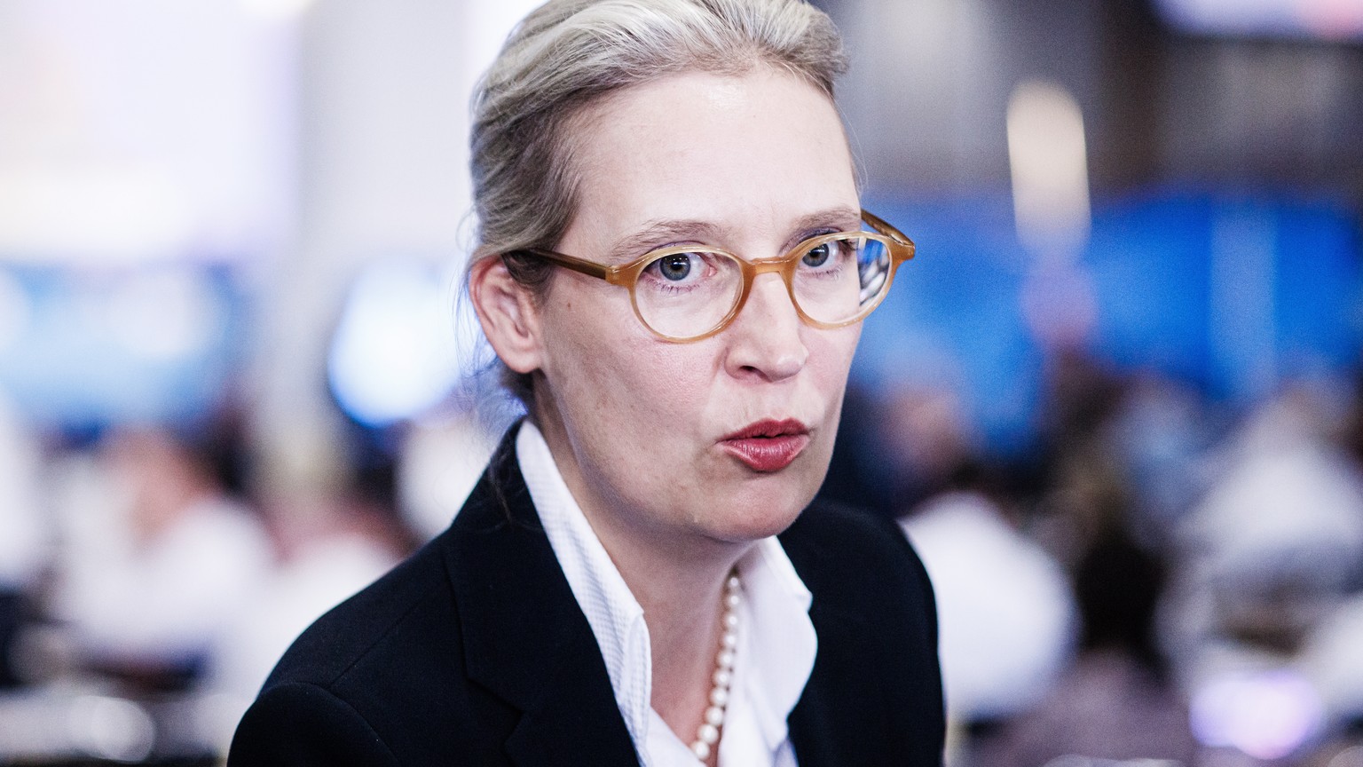 epa10773898 Alternative for Germany co-chairwoman Alice Weidel speaks in an conversation during the AfD party convention in Magdeburg, Germany, 28 July 2023. The Alternative for Germany (AfD) holds th ...