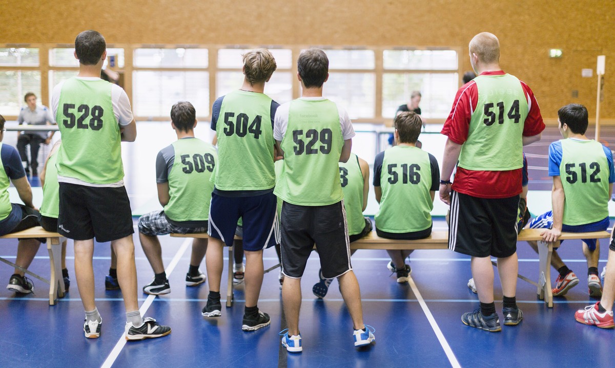 At the sports exam, everyone wears their own recruitment number, pictured on August 5, 2013, in a recruitment center of the Swiss Armed Forces in Rueti, canton of Zurich, Switzerland. Persons required ...