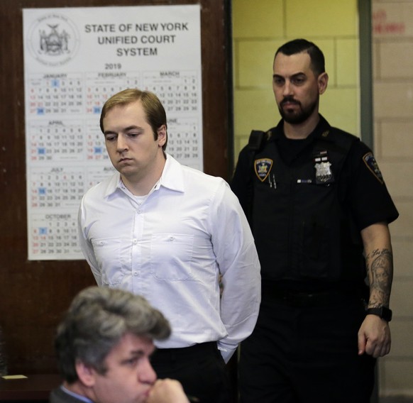 James Jackson appears in court for sentencing in New York, Wednesday, Feb. 13, 2019. Jackson, a white supremacist, pled guilty to killing a black man with a sword as part of a racist plot that prosecu ...