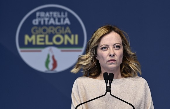 epa11383777 Italian Prime Minister Giorgia Meloni addresses an event marking the closing of the campaign for the Fratelli D���Italia party ahead of the European Elections, in Rome, Italy, 01 June 2024 ...