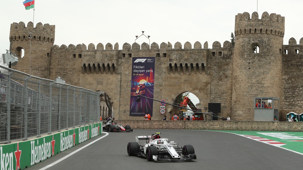 epa06698586 Monaco's Formula One driver Charles Leclerc of Sauber F1 Team in action during the third practice session of the Formula One Grand Prix of Azerbaijan at the Baku City Circuit, in Baku ...