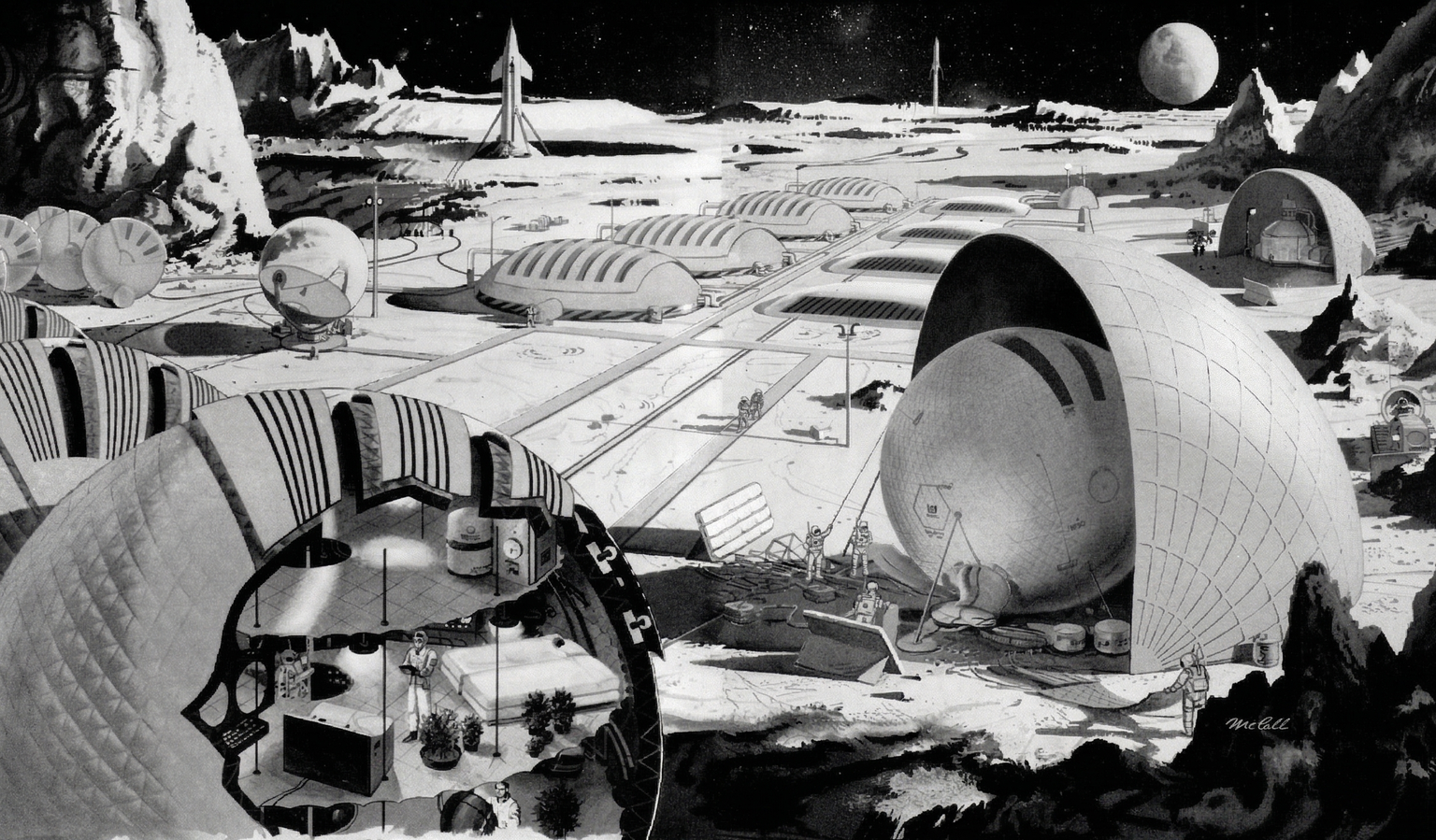 "On the New Moon, A Likely Scene: An Aluminized Base for Pioneers", LIFE Magazine, 1959
https://www.reddit.com/r/RetroFuturism/comments/jszk3s/on_the_new_moon_a_likely_scene_an_aluminized_ba ...