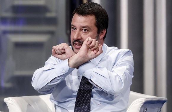 epa07514525 Italian Deputy Premier and Interior Minister, Matteo Salvini, gestures as he attends the Raiuno Italian program &#039;Porta a porta&#039; conducted by Italian journalist Bruno Vespa in Rom ...