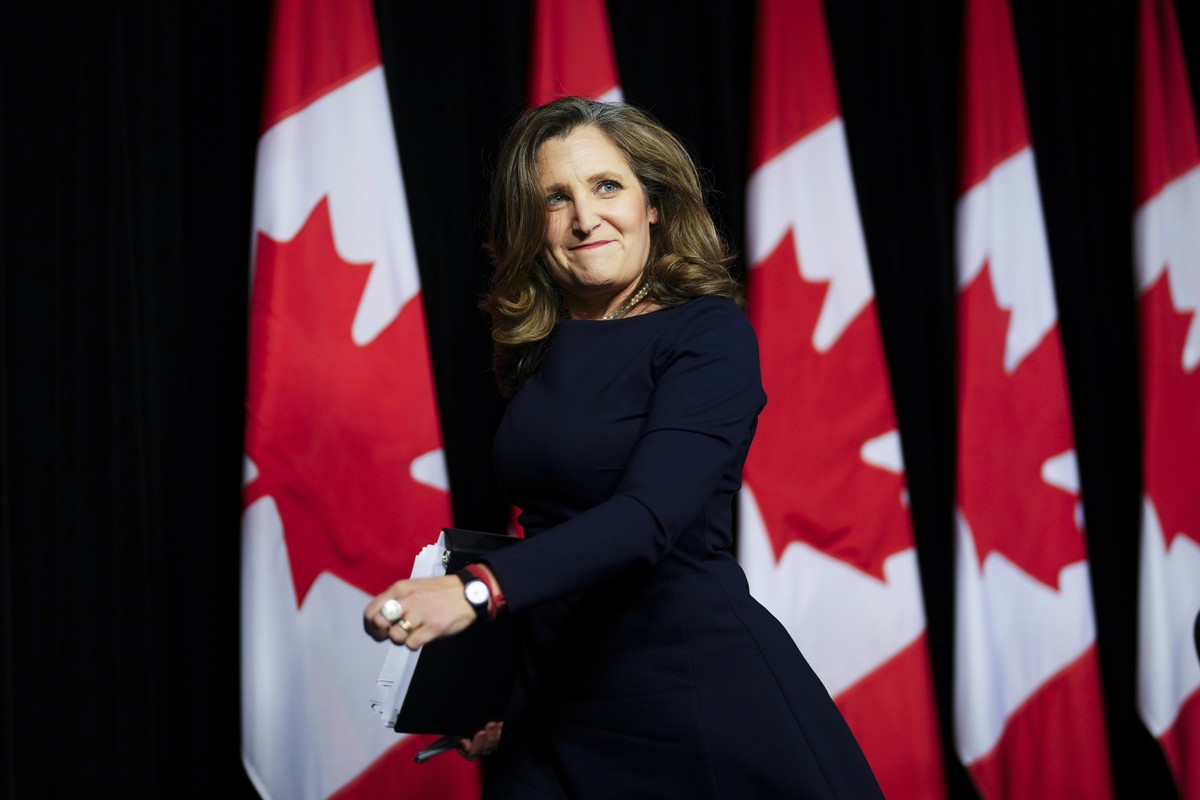 FILE - Deputy Prime Minister and Minister of Finance Chrystia Freeland holds a press conference in Ottawa, Ontario, on Tuesday, April 16, 2024. Canada?s government is investigating whether to impose a ...