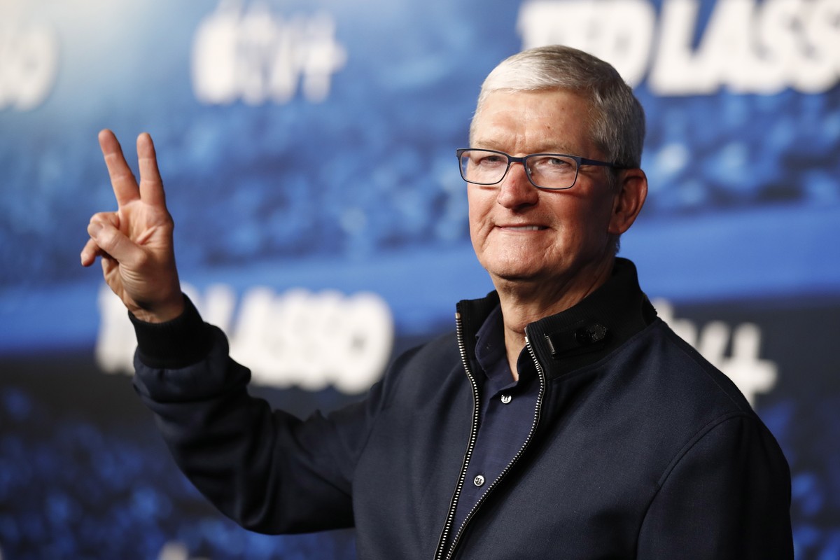 epa10508680 Chief Executive Officer of Apple Tim Cook attends the season three premiere of the television series 'Ted Lasso' at the Regency Village Theater in Los Angeles, California, USA, 0 ...