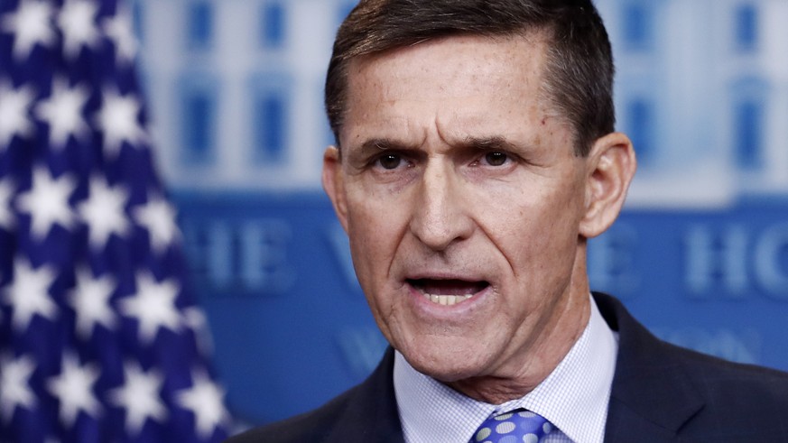 FILE - In this Feb. 1, 2017 file photo, then-National Security Adviser Michael Flynn speaks during the daily news briefing at the White House, in Washington. The few public signs emanating from specia ...