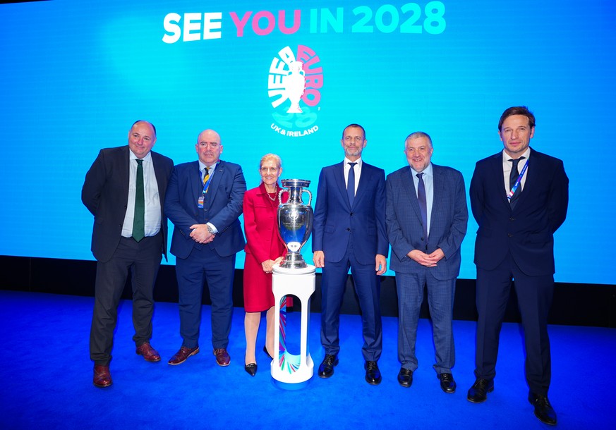 From left, Conrad Kirkwood, IFA President, Mike Mulraney, SFA President, Debbie Hewitt, UK&amp;I Board Chair, Aleksander Ceferin, UEFA President, Paul Cooke FAI President and Noel Mooney, FAW Chief Ex ...