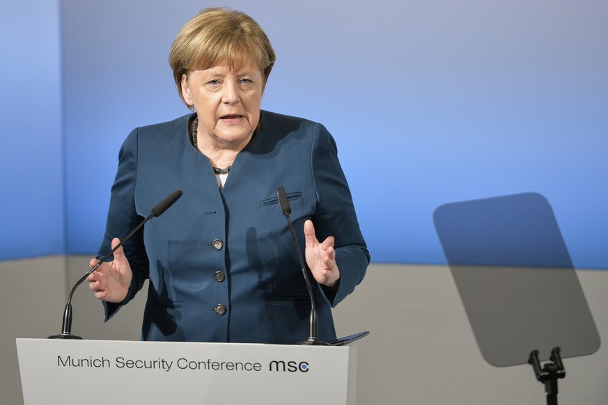 epa05801215 German Chancellor Angela Merkel delivers a speech during the 53rd Munich Security Conference (MSC) in Munich, Germany, 18 February 2017. In their annual meeting, politicians and various ex ...