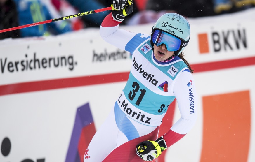 Wendy Holdener of Switzerland reacts in the finish area during the women&#039;s parallel slalom quarter final at the FIS Alpine Ski World Cup, in St. Moritz, Switzerland, Sunday, December 9, 2018. (KE ...