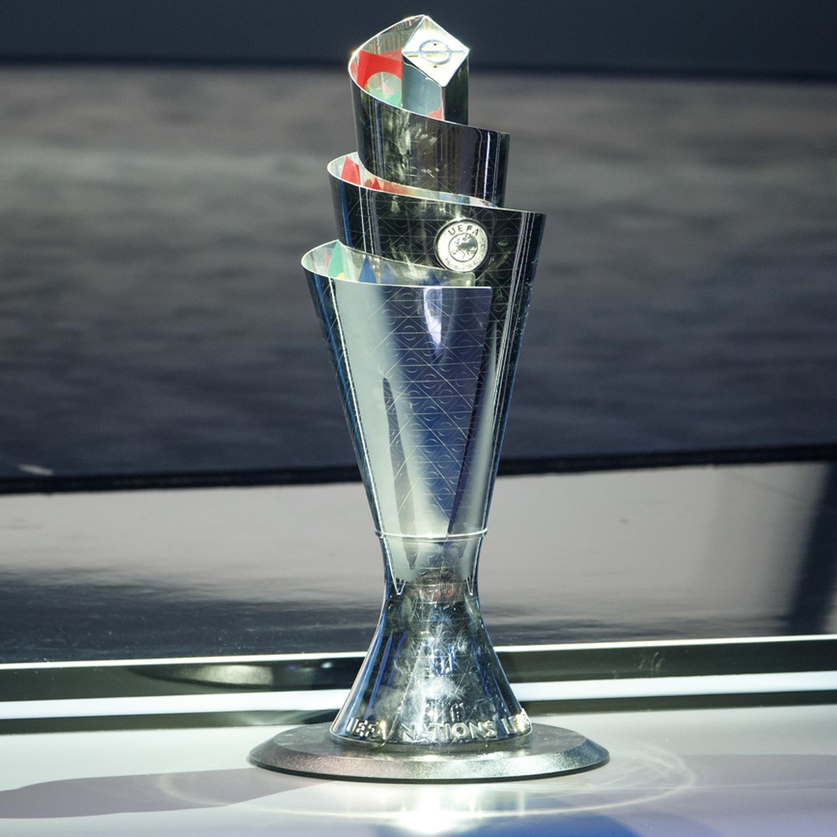 The trophy of UEFA Nations League is pictured, during the soccer UEFA Nations League draw, at the SwissTech Convention Center, in Lausanne, Switzerland, Wednesday, January 24, 2018. (KEYSTONE/Salvator ...
