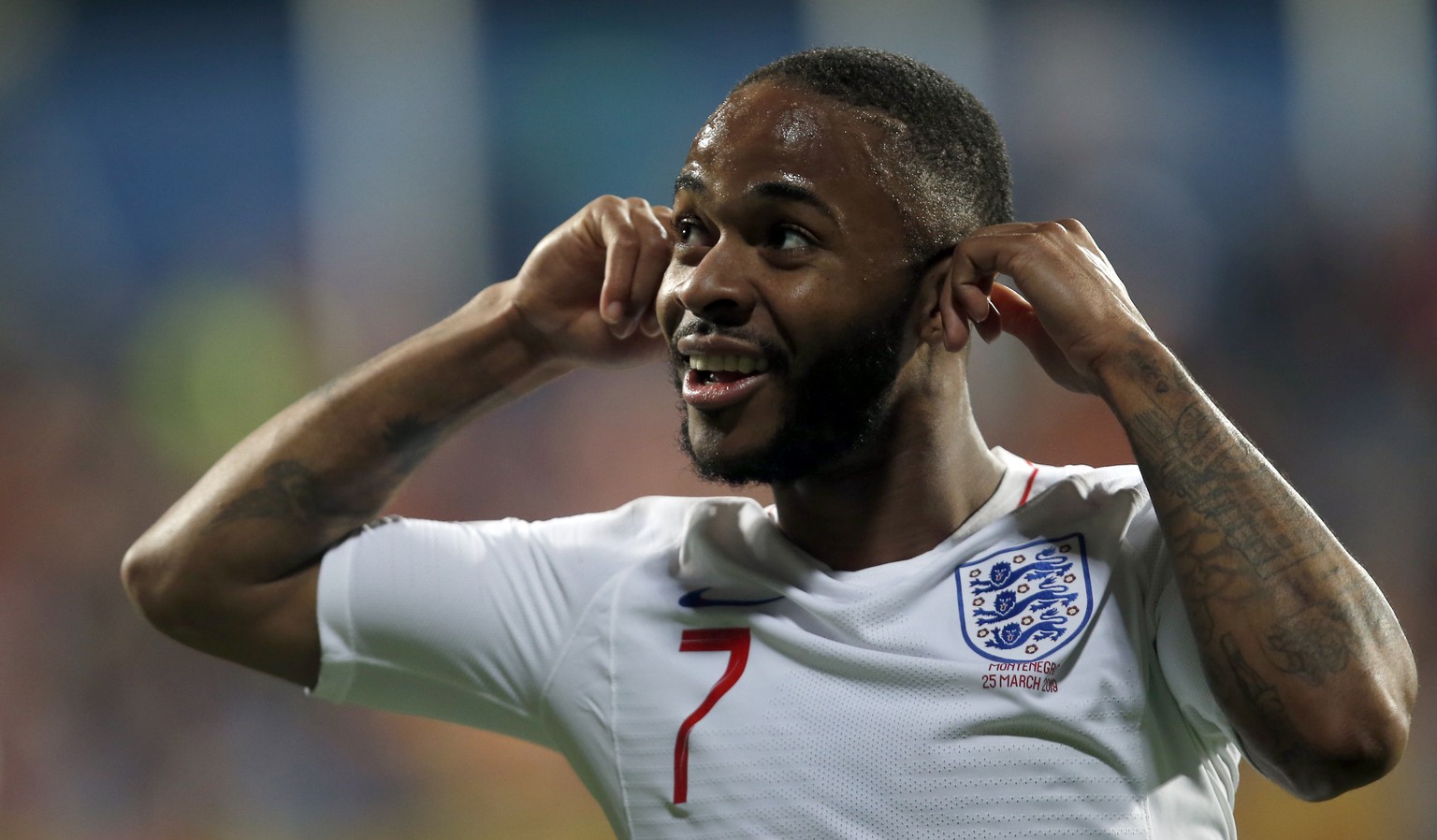 England&#039;s Raheem Sterling celebrates scoring his side&#039;s fifth goal during the Euro 2020 group A qualifying soccer match between Montenegro and England at the City Stadium in Podgorica, Monte ...
