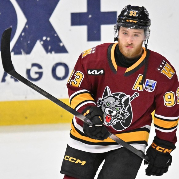 CHICAGO, IL - JUNE 14: Chicago Wolves center Justin Robidas 93 warms up prior to game two of the AHL Calder Cup Finals between the Toronto Marlies and the Chicago Wolves on June 14, 2026, at the Allst ...