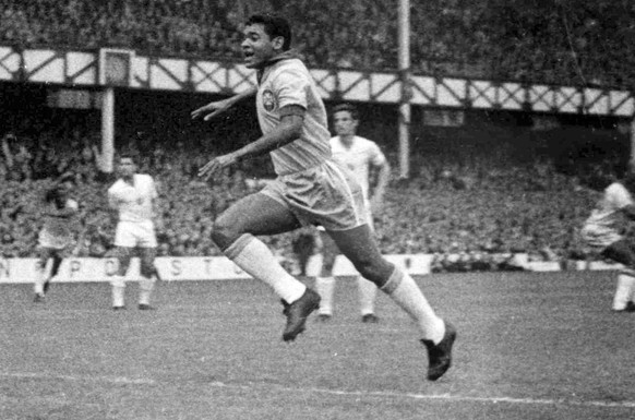 ** ADVANCE FOR WEEKEND EDITONS, MAY 29-30 ** FILE- In this July 12, 1966, file photo, Brazil forward Garrincha runs towards the Bulgaria goal after scoring the second goal for his country in a World C ...