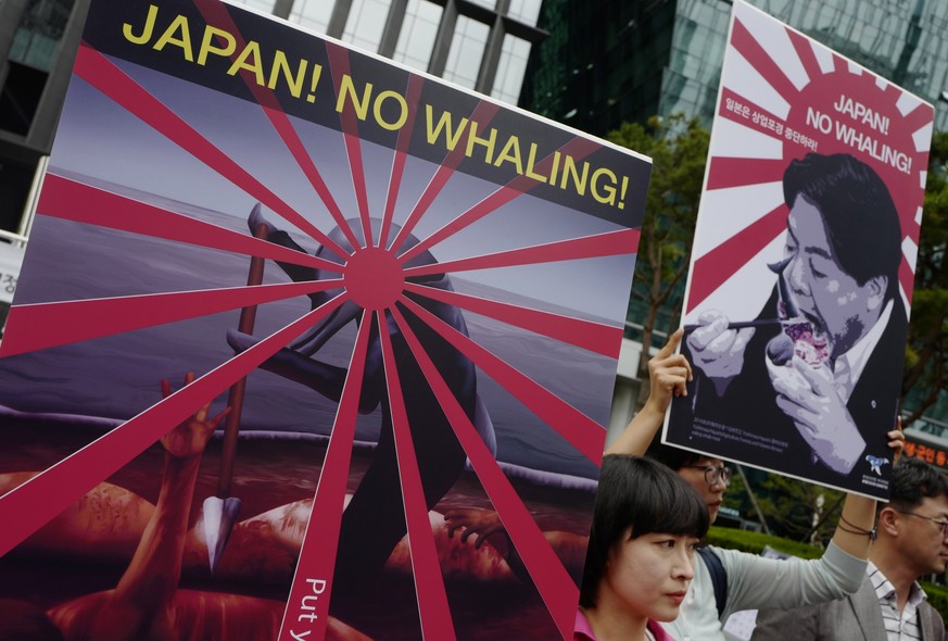 epa07657116 Members of an environmental activist group shout slogans during a rally against Japan&#039;s whaling activities near the Japanese embassy in Seoul, South Korea, 19 June 2019. Environmental ...