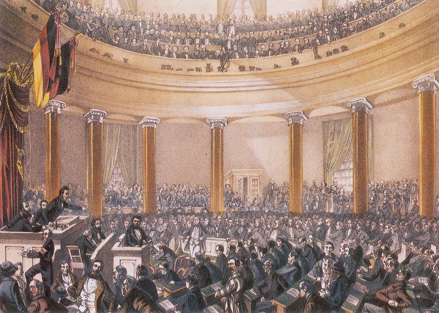 Die Frankfurter Nationalversammlung im Juni 1848 – Sitzung des ersten gesamtdeutschen Parlaments (Kolorierte Zeichnung von Ludwig von Elliott von 1848)