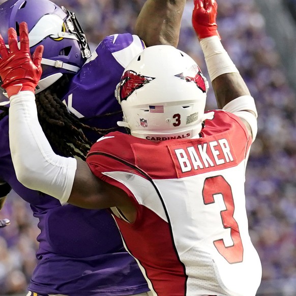 Arizona Cardinals safety Budda Baker (3) breaks up a pass intended for Minnesota Vikings running back Dalvin Cook (4) during the second half of an NFL football game, Sunday, Oct. 30, 2022, in Minneapo ...
