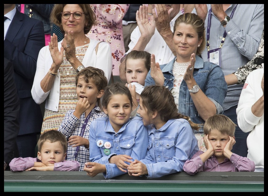 . 14/07/2019. London, United Kingdom. Mirka Federer and children watch trophy presentation for the Men�s singles on the last day of the Wimbledon Tennis Championships in London. PUBLICATIONxINxGERxSUI ...