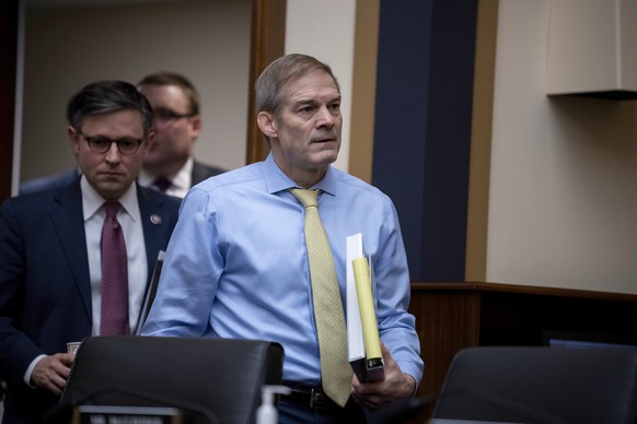 Jim Jordan, chairman of the House Judiciary Committee, R-Ohio, leads the first meeting of his panel under the new Republican majority as he organizes operational rules, at the Capitol in Washington, Wednesday,…
