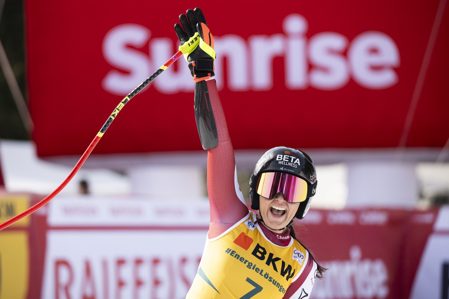Stephanie Venier of Austria reacts in the finish area during the women&#039;s Super G race at the Alpine Skiing FIS Ski World Cup, in Crans-Montana, Switzerland, Sunday, February 18, 2024. (KEYSTONE/A ...