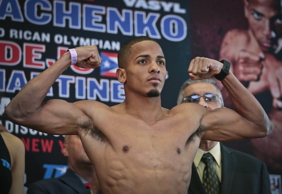 FILE - Puerto Rican boxer Felix Verdejo poses after his weigh-in at Madison Square Garden in New York, June 10, 2016. A jury on Friday, July 28, 2023, found Verdejo guilty on two of four charges in th ...