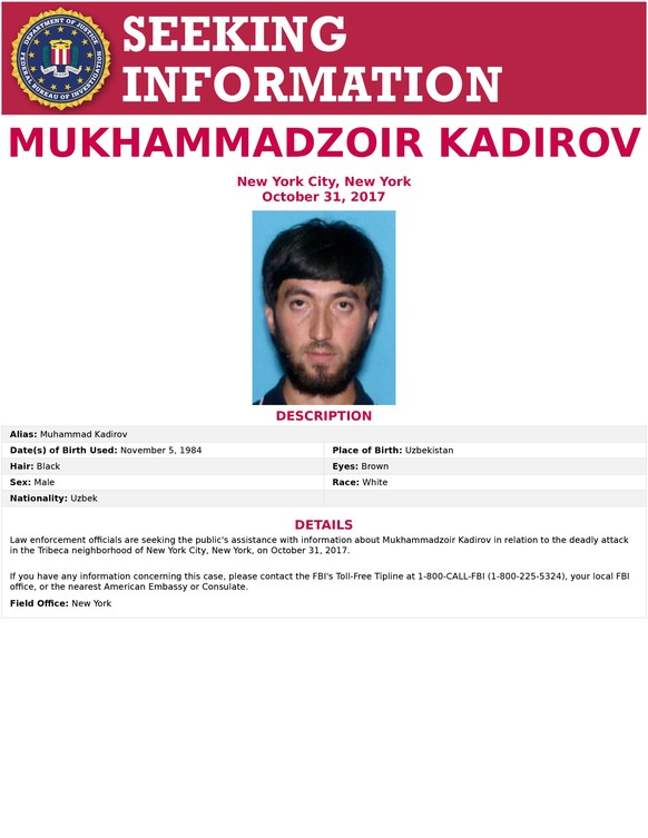 epa06302862 Handout image released by the Federal Bureau of Investigation (FBI) of Mukhammadzoir Kadirov whom the FBI is looking for information about in connection with the 31 October 2017 truck atta ...