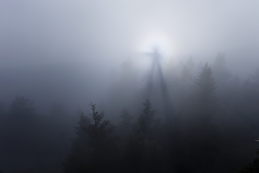 Ein selten beobachtetes Lichtphaenomen, aufgenommen am Samstag, 26. September 2015, auf der Rigi. Die Sonne strahlt von hinten eine Person an, so dass diese auf den Nebel projiziert wird. Dieser optis ...